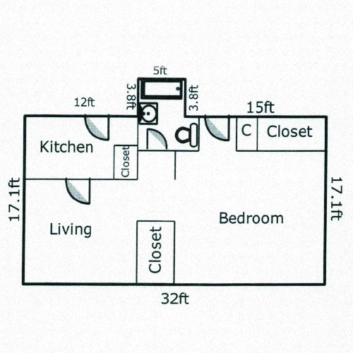 Floor plan for 1 bed, 1 bath, 585 sqft